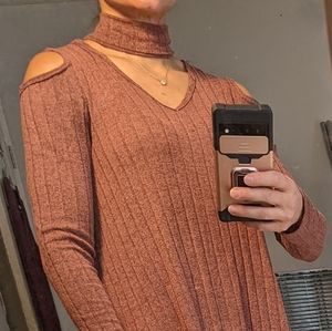 Ribbed Off the Shoulder, Mock Turtleneck Top